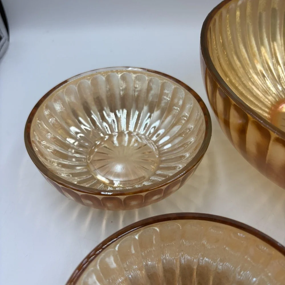 Gold Carnival Glass Salad Serving Bowl Set Ribbed‎ Art Deco 6 Piece Unmarked